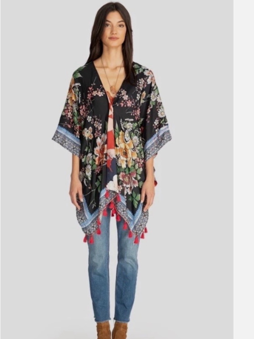 Johnny Was Reversible Black Floral Open-Front Kimono with Red Tassels